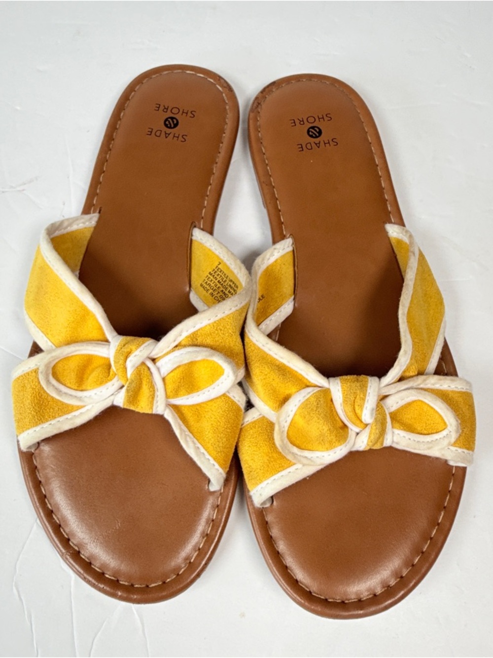Shade & Shore Yellow Bow Knot Slide Sandals with Tan Footbed